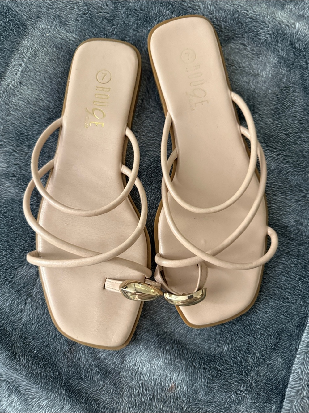 Rouge! Nude Strappy Flat Sandals with Gold Accent